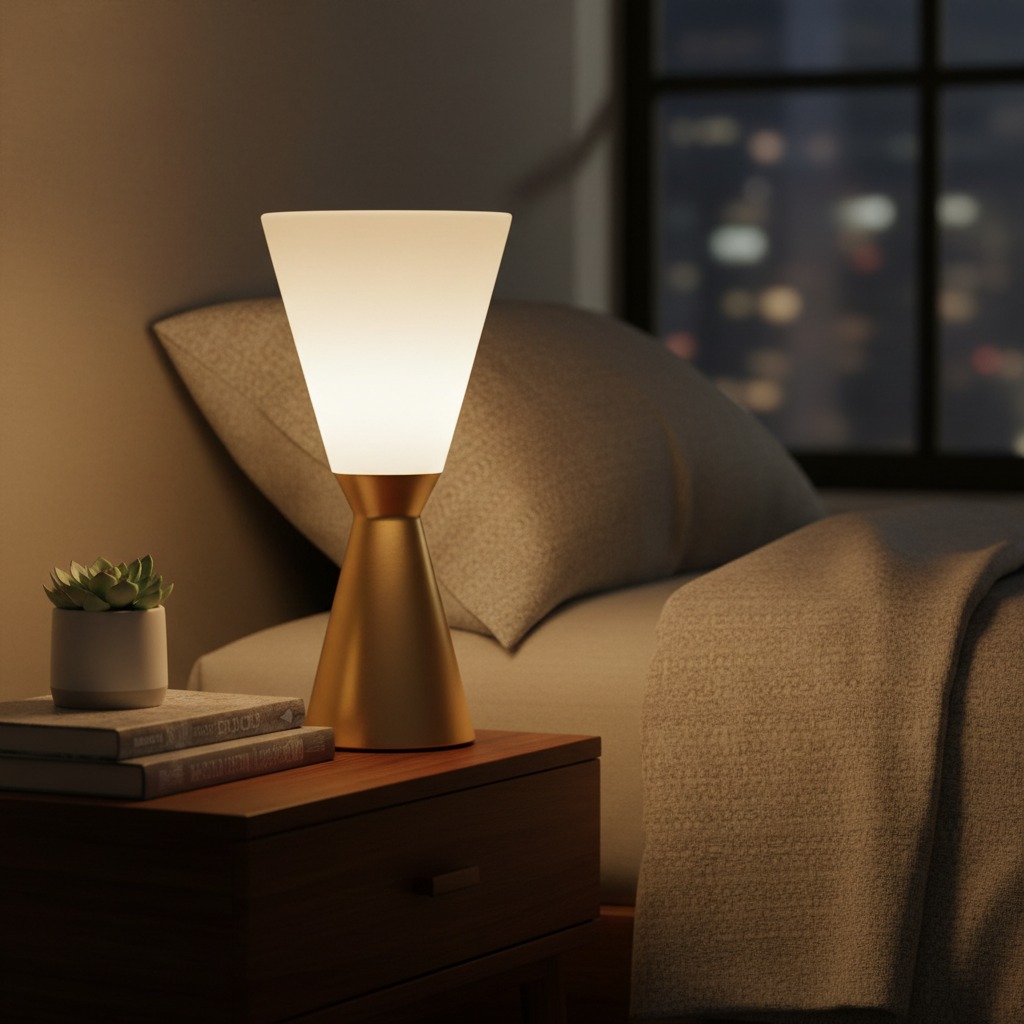 A lit hourglass-shaped bedside lamp with a gold base and a white frosted shade sits on a wooden nightstand next to books and a potted succulent.